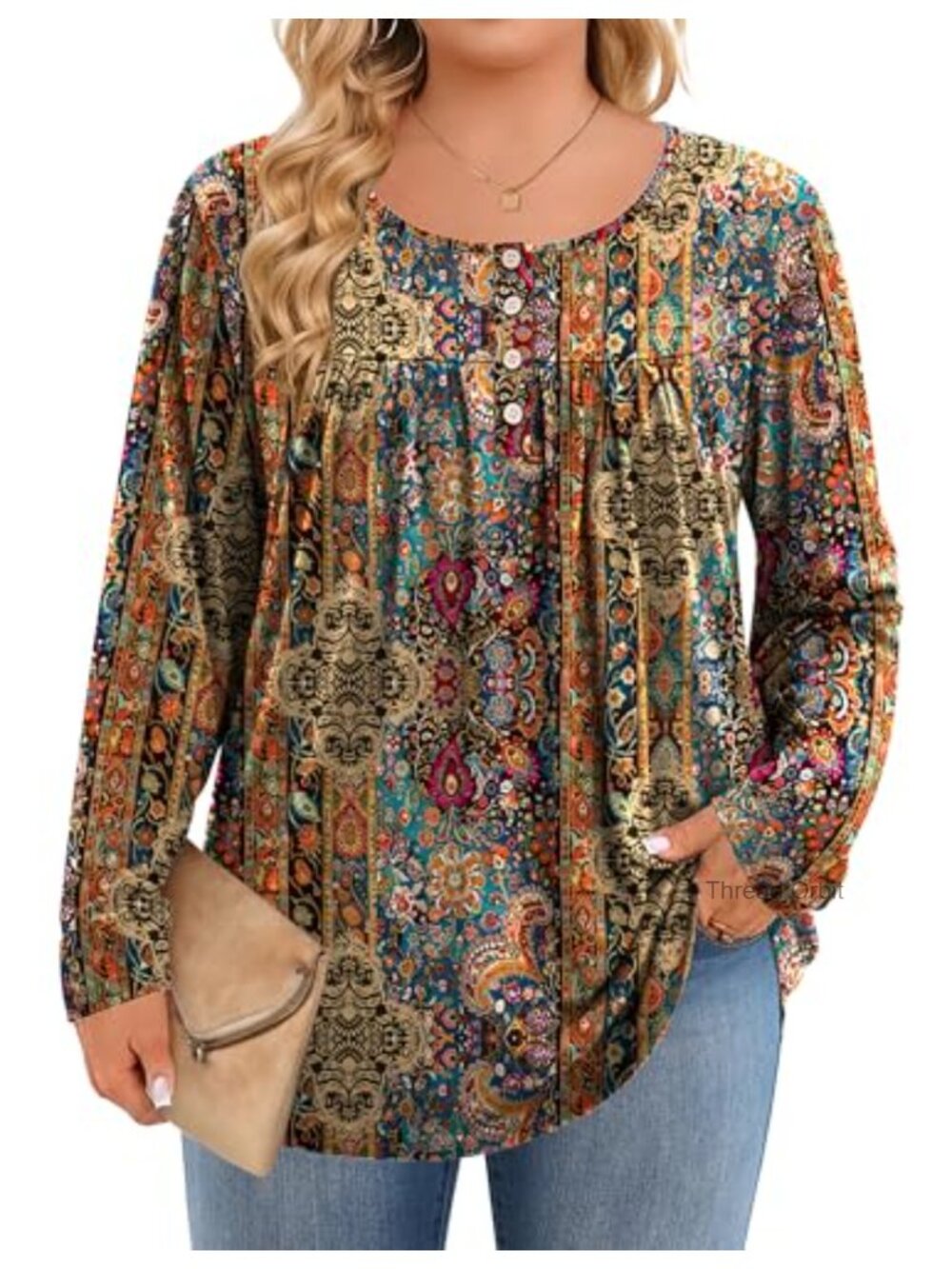 Plus Size Long Sleeve Tunic Top Floral Print Button Detail Loose Fit